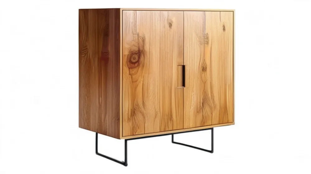 Dwudrzwiowy kredens z litego drewna sosnowego na czarnej stalowej podstawie, naturalny jasny brąz/czarny, 90 x 40 x 100 cm