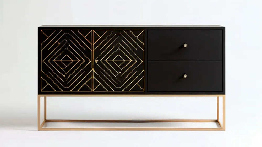 Czarny kredens MDF ze złotą stalową podstawą, 160 x 40 x 80 cm