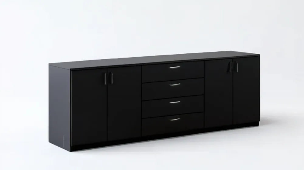 Czarny kredens z płyty laminowanej 160 x 40 x 75 cm, 4 drzwi i 4 szuflady