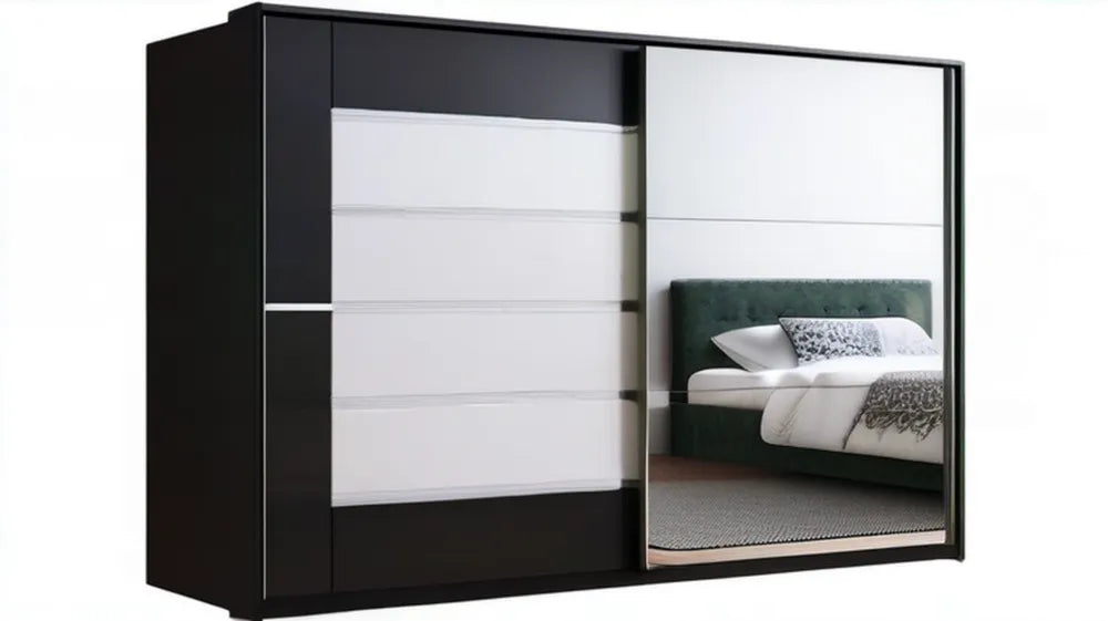Czarna szafa przesuwna z lustrem i 4 szufladami 200 x 61 x 215 cm