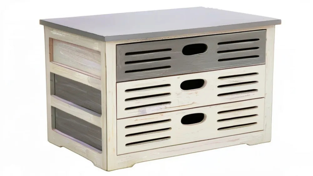 Komoda z litego drewna paulowni, 3 szuflady, szaro-kremowa, 60 x 30 x 45 cm