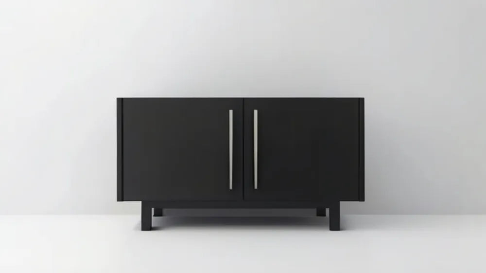 Czarna dwudrzwiowa szafka z płyty MDF ze srebrnymi uchwytami, 120 x 40 x 75 cm