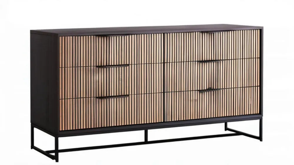 Komoda z lamelowym frontem MDF czarno-beżowa 160 x 40 x 80 cm