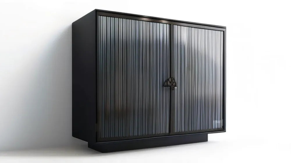 Czarny kredens z MDF i ryflowanego szkła, 120 x 40 x 90 cm