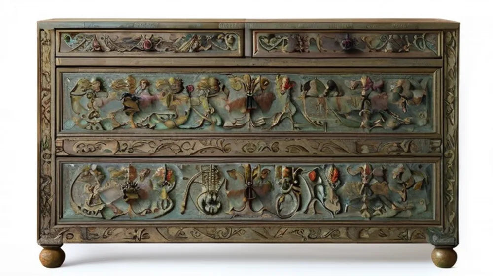 Rustykalna komoda z litego drewna, rzeźbiona, Brązowy/Zielony/Szary/Czerwony/Złoty, 120 x 45 x 90 cm