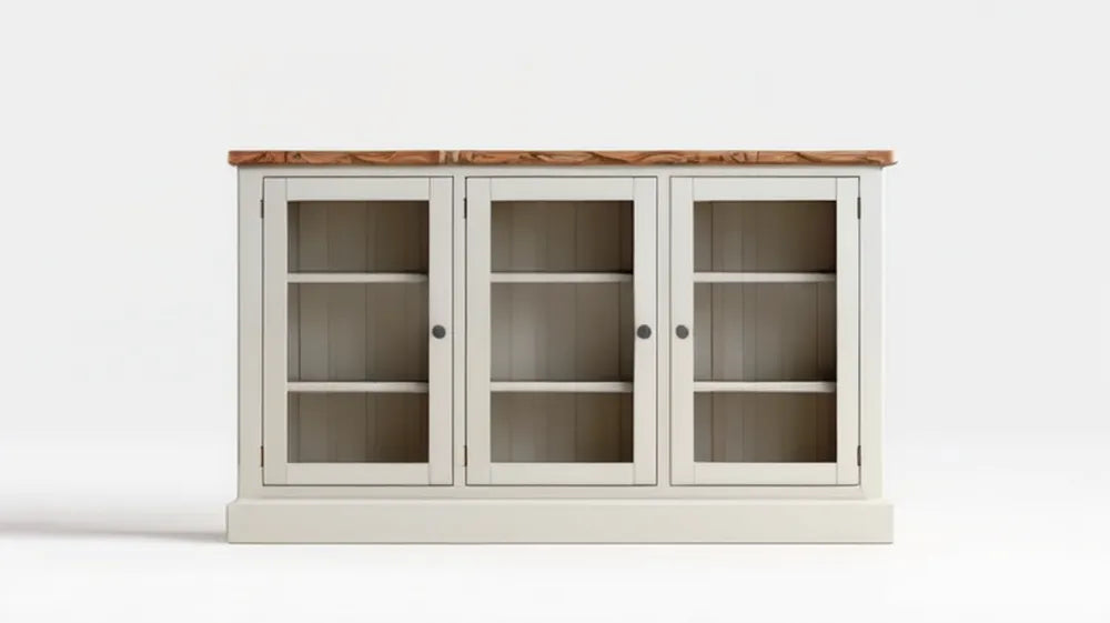 Biały kredens z litego drewna sosnowego i MDF, 140 x 40 x 100 cm, 3 przeszklone drzwi