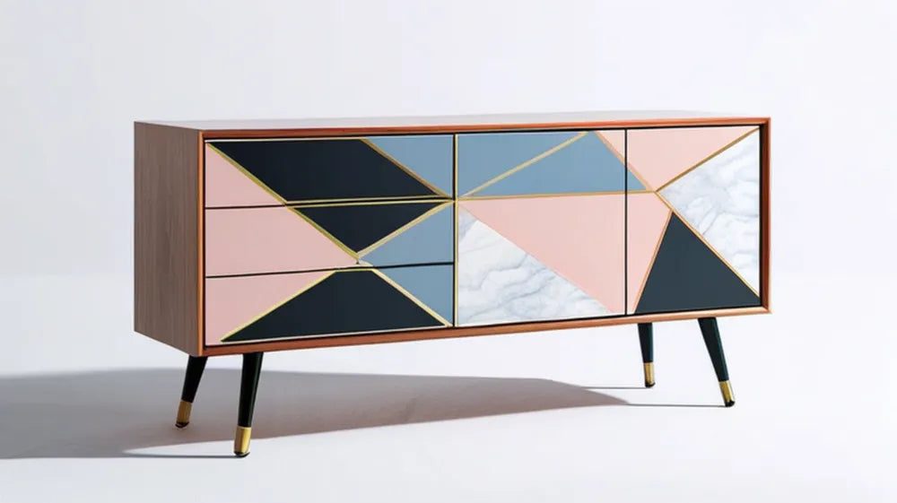 Nowoczesna komoda z geometrycznymi frontami, 160 x 40 x 80 cm, orzechowa/czarna/różowa/niebieska/biała/złota