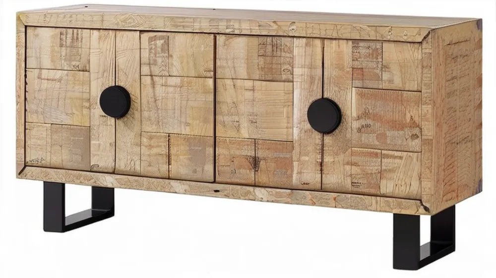 Komoda czterodrzwiowa z motywem mapy, naturalna z czarnymi elementami, 160 x 40 x 80 cm